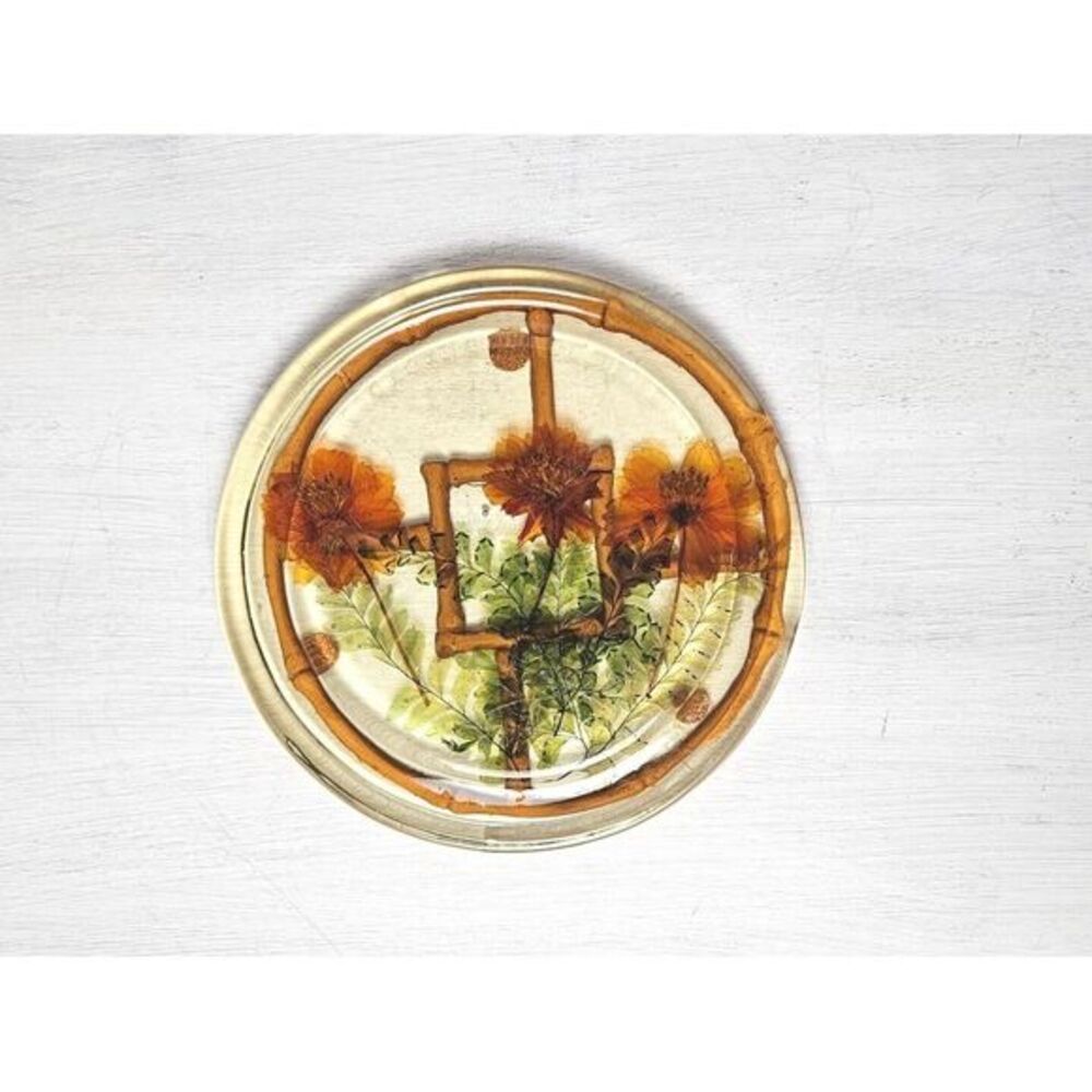 Vintage 8" MCM Lucite/Resin Dried Flower Round Footed Trivet Circa 60's-70's‎